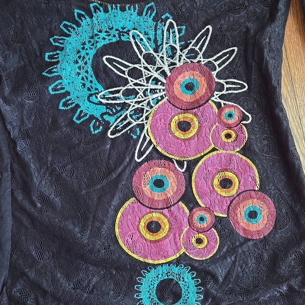 Desigual Black Lace Embroidered Top Long Sleeve Boho Artistic Size M - Picture 3 of 13